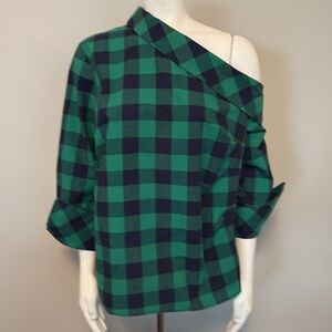 Eloquii Green and Navy Blue Buffalo Plaid Off Shoulder 3/4 Sleeve Top Size 14